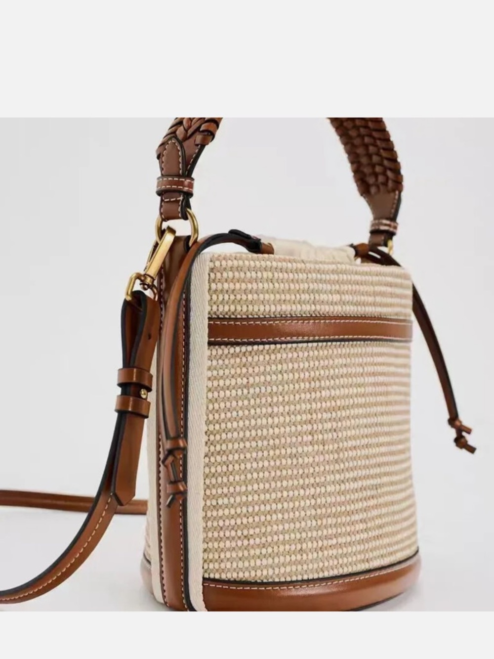 Zara Cream Woven Bucket Bag with Brown Leather Trim - Picture 2 of 12